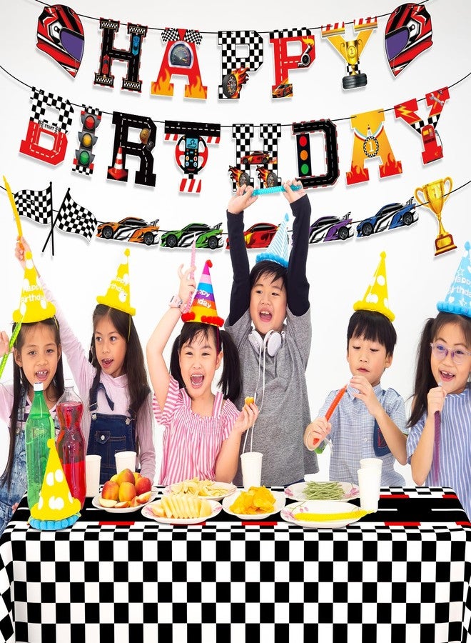 WNINK Racing Car Theme Tablecloths Happy Birthday Banner Racetrack Rectangular Tablecloth Race Car Party Decor Kit, for Race Car Birthday Party Decorations, 54 x 108 Inch - Image 2